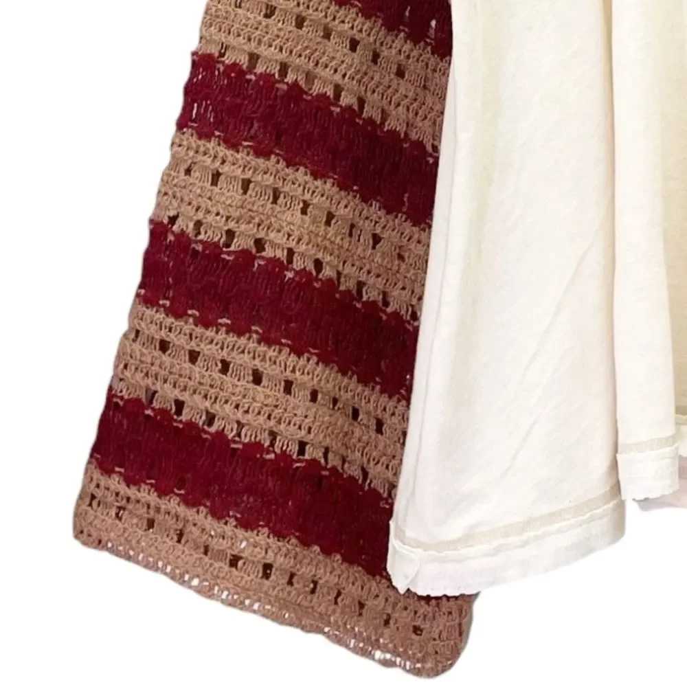 Free People Festival Ready Tee Crochet Sleeve Cream & Rust Knit Top Size Large